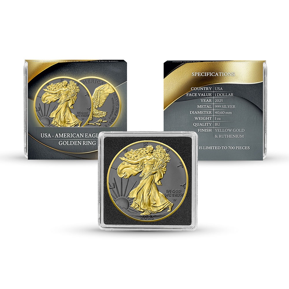2025 1 oz Colorized American Silver Eagle Golden Ring Coin (Ruthenium, Gilded, In Capsule) - Image 4
